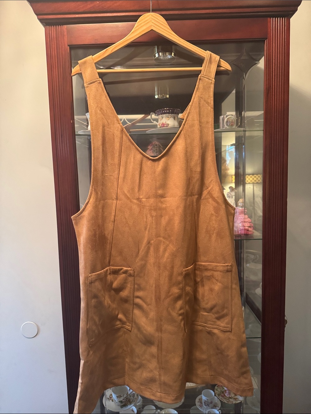 Women’s Tan Suede Pinafore Dress with Front Pockets
